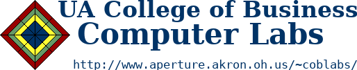 CoB Labs logo with text: "UA College of Business Computer
	  Labs" and "http://www.aperture.akron.oh.us/~coblabs/"